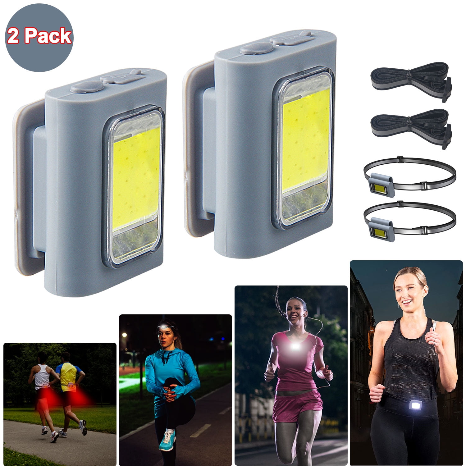 2 Pack Clip on Running Lights Led Headlamp 6 Modes Rechargeable Night Light with Strong