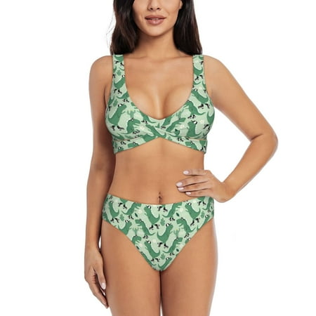 Zeuib Dinosaurs on Roller Skater High Waisted Tummy Control Bikini Set - Knot Front Push Up Top & Cheeky Thong Bottom  Two-Piece Swimsuit for Women-Large