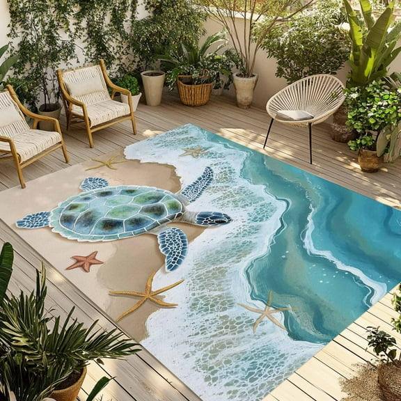Fsddascl Ocean Turtle Outdoor Rug for Patio/Deck/Porch, Non-Slip Large Area Rug 4 x 6 Ft, Gradient Turquoise Wave Starfish Beach Indoor Outdoor Rugs Washable Area Rugs, Reversible Camping Rug Carpet