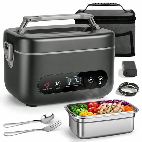 Cordless Electric Lunch Box 1.2L Rechargeable Food Warmer with Auto Temperature Control, 5-Sided Heating, Leakproof, for Office, Outdoors & Truck, Black