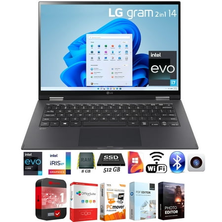 LG Gram 14T90Q 14" Lightweight 2-in-1 Laptop, Intel i7, 8GB RAM/512GB SSD, Black Bundle with Elite Suite 18 Software + 1 Year Protection Warranty
