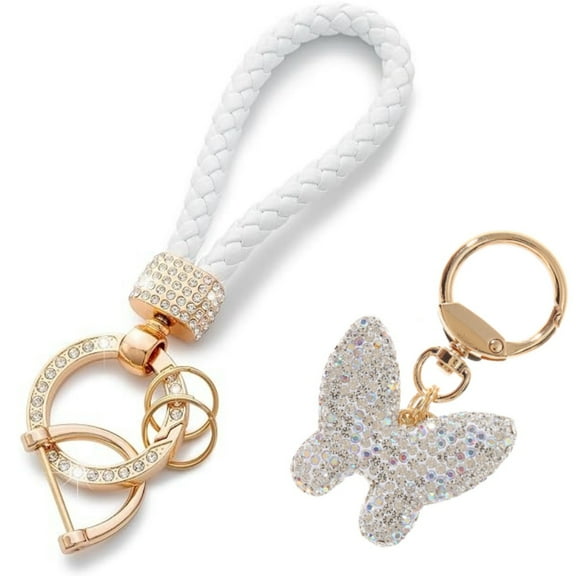 Butterfly Keychain, Kvago Leather Woven Car Key Chain for Women with Rhinestone Butterfly Shape Bling Crystal Cute Keychain for Girls Ladies Gift (White)