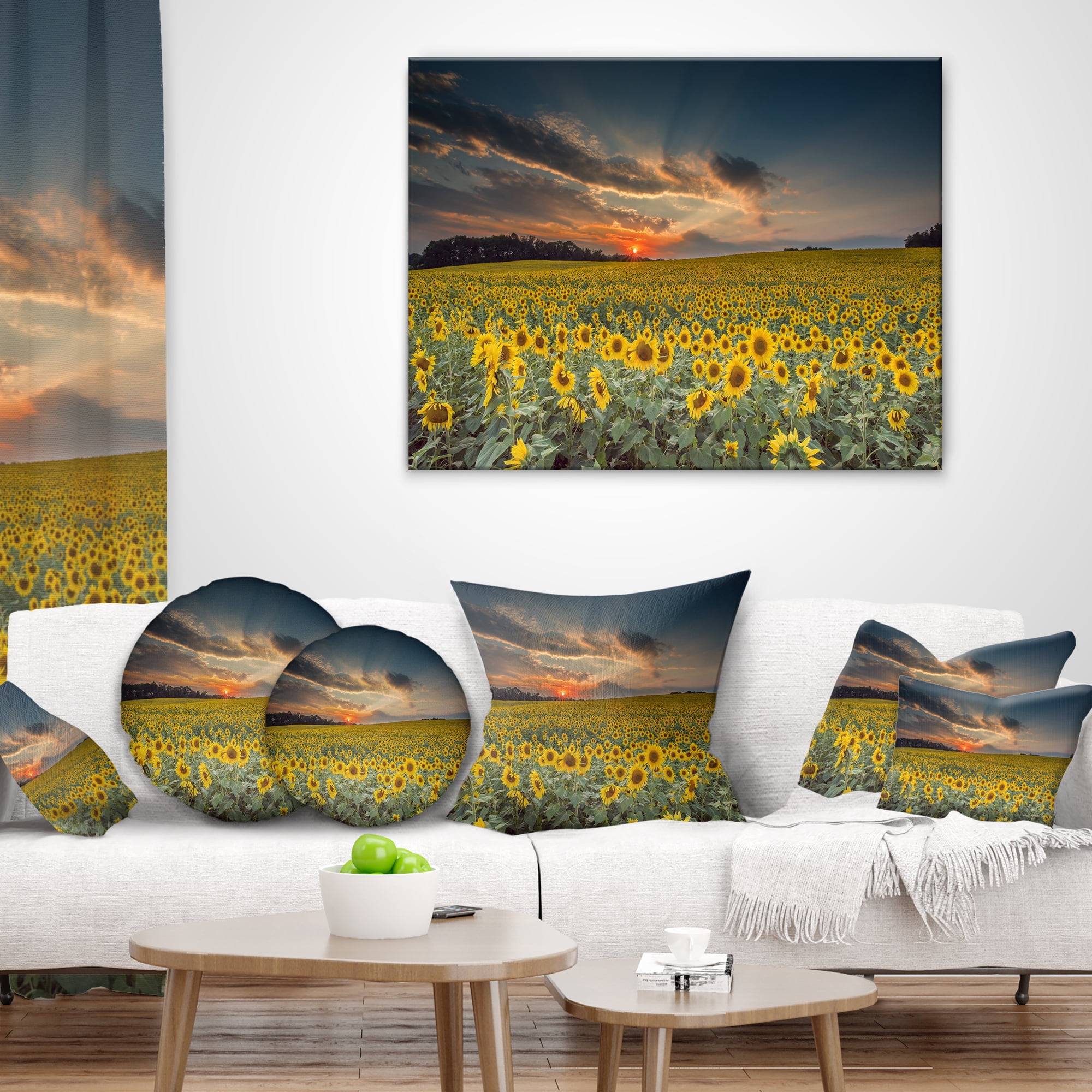 Designart Sunflower Sunset with Cloudy Sky - Landscape Printed Throw Pillow - 18x18
