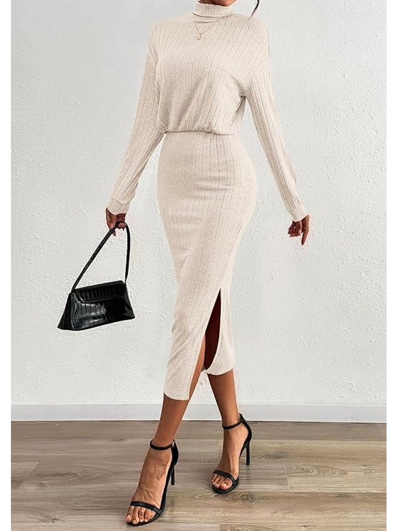 PRETTYGARDEN Turtle Neck Dresses for Women Fall Knit Outfits Slit Elastic  Waist Long Sleeve Bodycon Midi Sweater Dress - Walmart.com