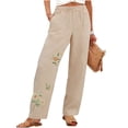 thumbnail image 5 of Kelon Women's Casual Pants, Embroidered Linen Pants for Women High Waisted Wide Leg Cropped Palazzo Pants with Pockets Cute Ruffle Boho Flowy Beach Pant, M, 5 of 8