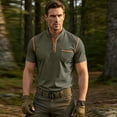 thumbnail image 5 of Henley Short Sleeve Shirt For Men Color Block Casual Contrast Trim Button Placket Tops Cotton Blend Knit Polo Shirt With Chest Pocket For Outdoor Sports And Daily Wear, 5 of 8