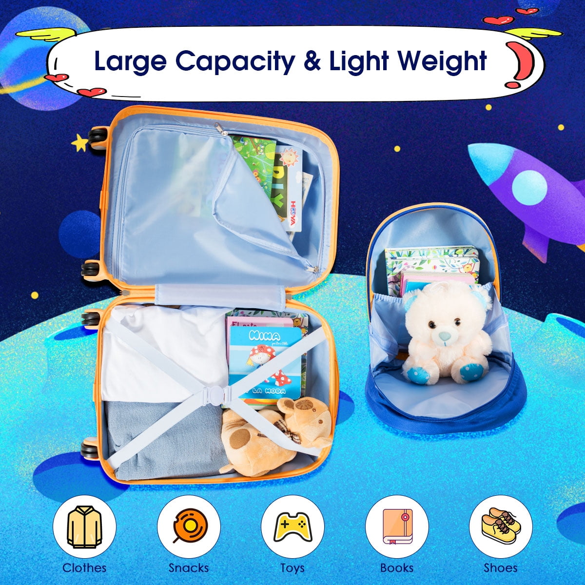 Costway 2PCS Kids Luggage Set 18'' Rolling Suitcase &  12'' Backpack Travel ABS Spaceman Blue