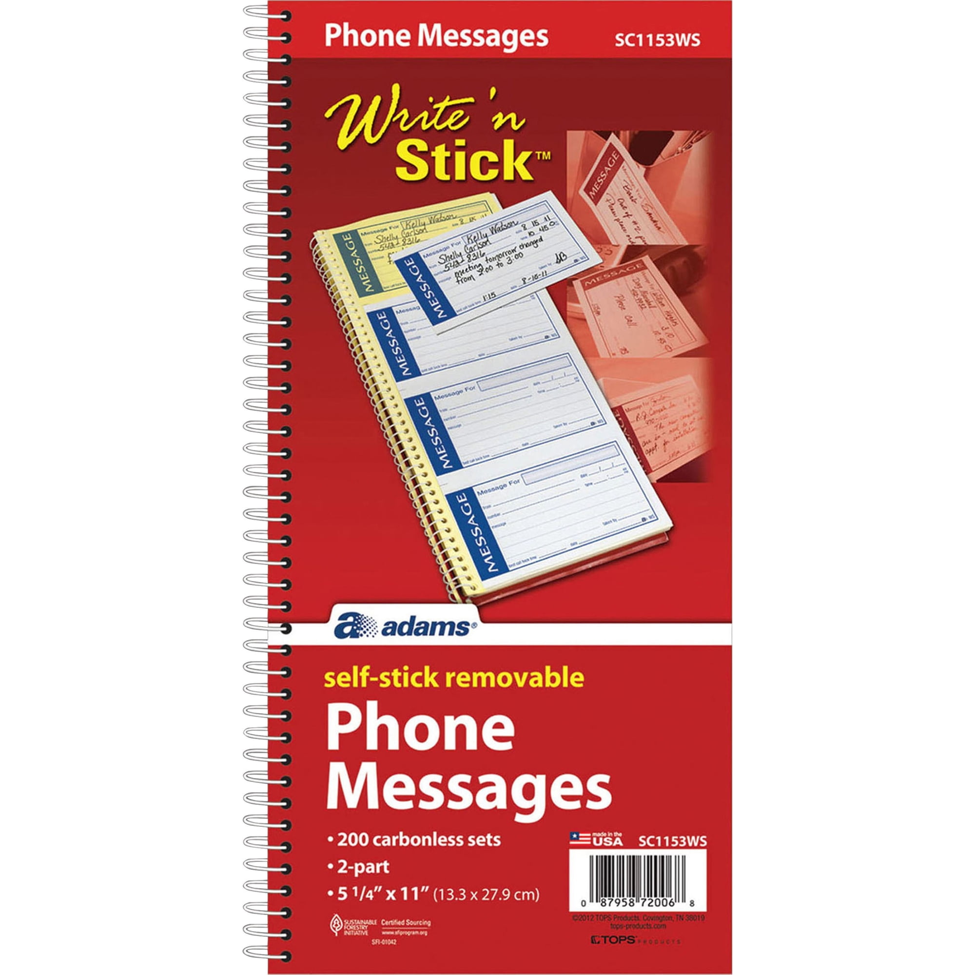 Adams - Write 'n Stick Phone Message Book, 2-Part Carbonless, 5-1/4 in. x 11 in., White/Canary, 200 Sets per Book