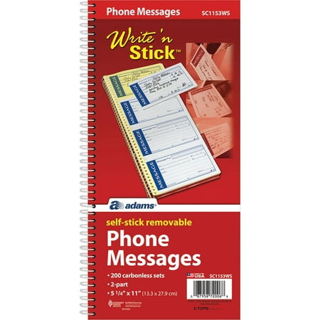 Adams® Write 'n Stick Phone Message Book, 2-Part Carbonless, 5-1/4 in. x 11 in., White/Canary, 200 Sets, 50 pages