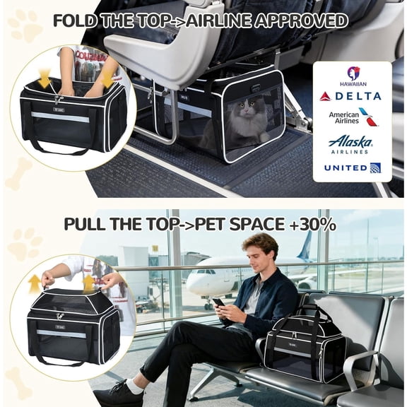 Top-Expandable Pet Carrier 17x11x9.5 Inch Alaska Hawaiian Airline Approved Soft Sided Underseat to 12lbs Travel Carriers for Small Cats and Dogs with Locking Safety Zippers Anti-Scratch Mesh
