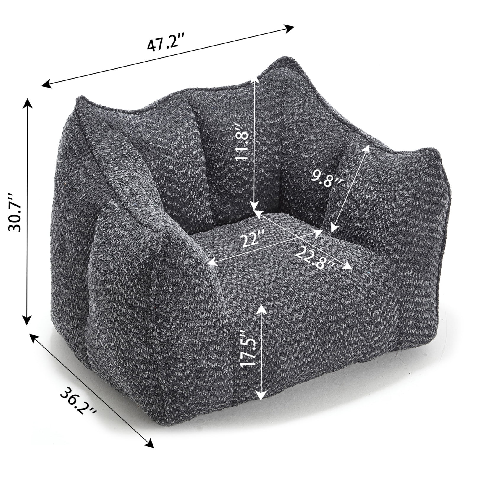 Chenille Bean Bag Chair for Adults, Oversized Fluffy Sofa Chair with High-Density Foam Filler, Square Accent Lounge Chair for Living Room, Bedroom & TV Watching, Black