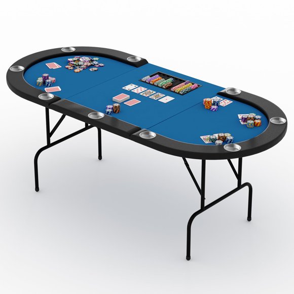 Table de Poker Ovale avec Pieds Pliables, Table de Jeu de Blackjack pour 10 Joueurs, Table de Loisir de Casino avec Porte-Gobelets