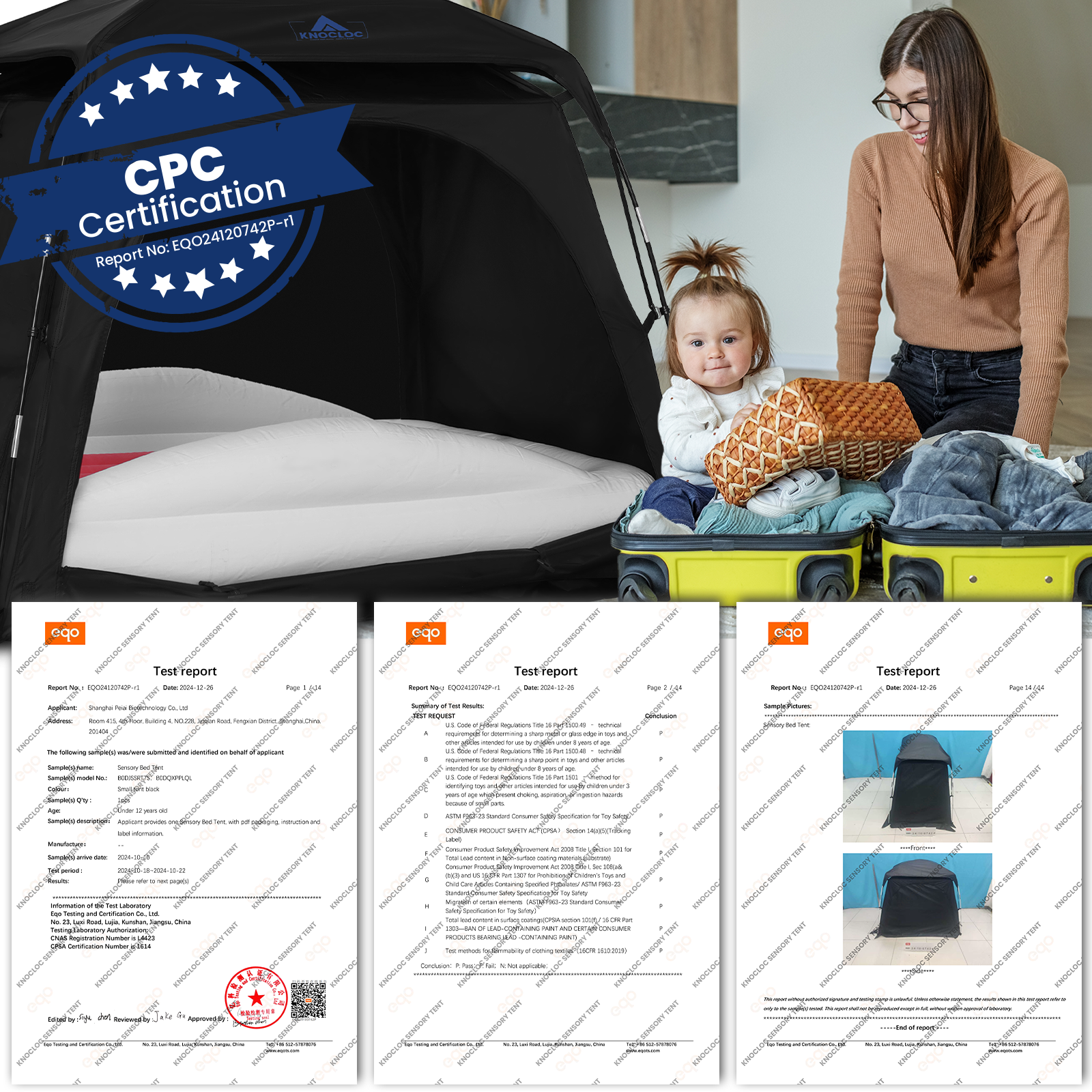 KNOCLOC Blackout Sleep Tent for Toddler Travel Bed, Pack and Play, Kids Air Mattress & Cot, CPC Certified Baby Sleep Pod with Fan Pouch Breathable Portable & Easy Setup