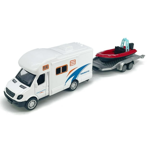 Autocaravana Camper Remolque Remolque Lancha rápida Modelo Diecast Toys para niños Pull Back Rv Vehículo de juguete Playa Sandbox Aventura al aire libre 3 4 5 6 7 años Niños pequeños Regalos de cumple