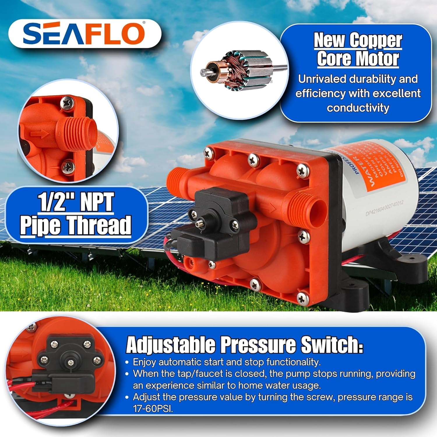 SEAFLO 42 Series 12V 3.0 GPM 55PSI Diaphragm Pump – Self-Priming
