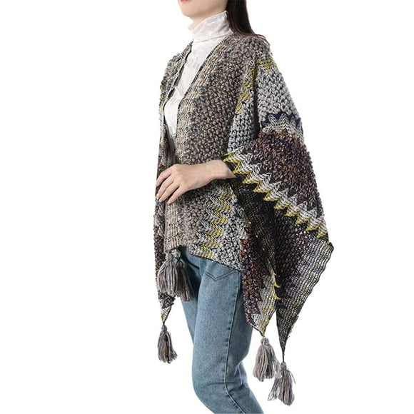 Baberdicy Shawls and Wraps Women Nationl Print Colourful Splice Poncho with Tassels Knitted Shawl Scarf Fringed Wraps Pashminas Sweater Pullover Cape Grey