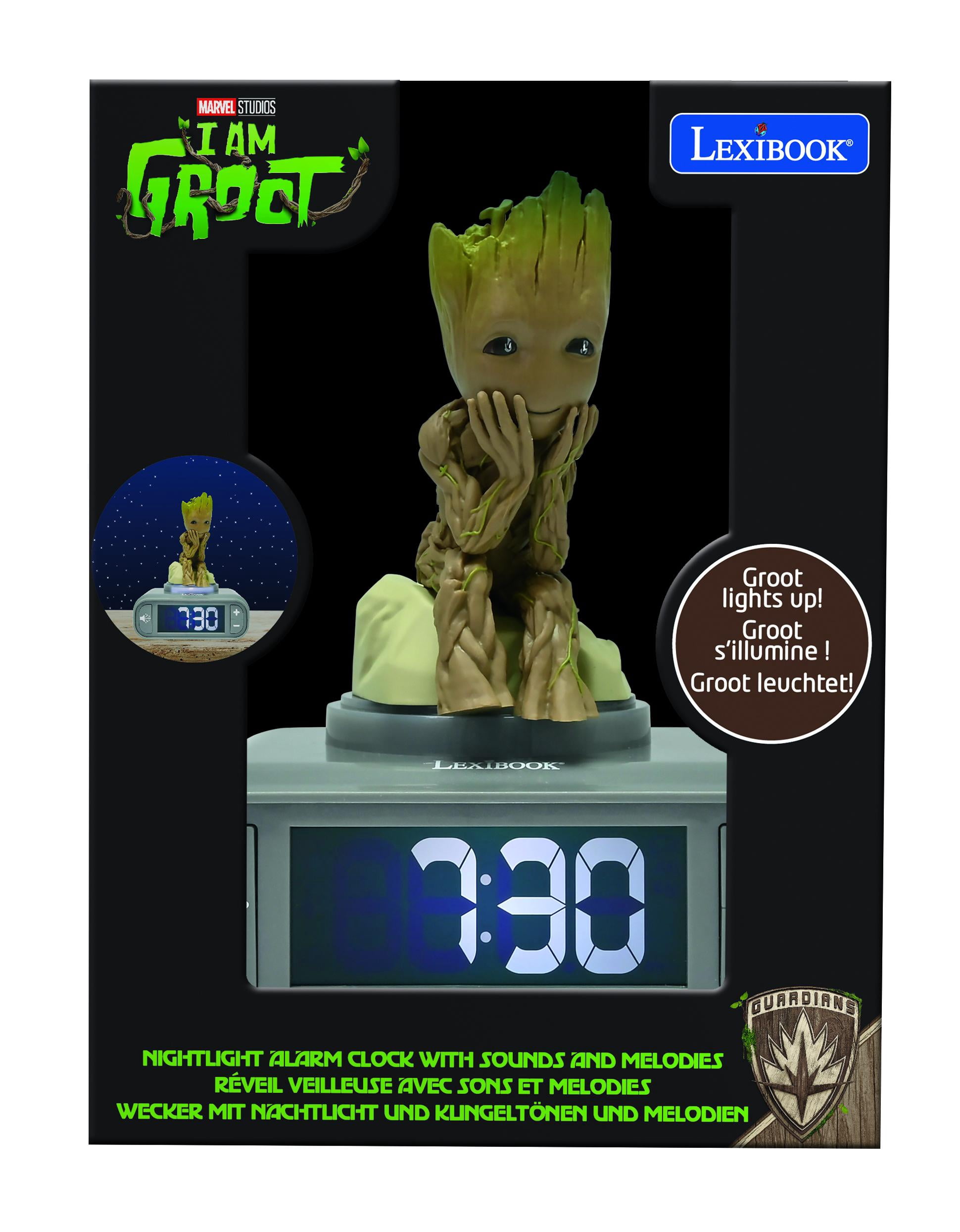 Lexibook, Marvel Guardians of the Galaxy, Groot Nightlight Alarm Clock, Sounds and Melodies, Backlit LCD Screen, Illuminated, Snooze, Grey/Brown