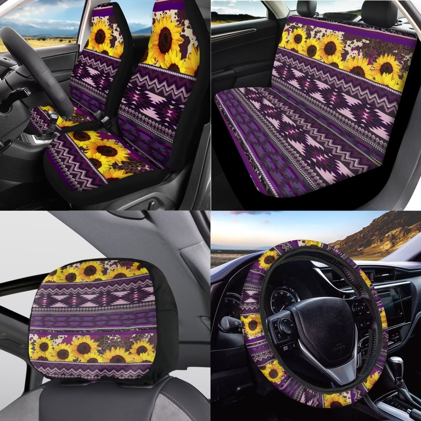 Garronmavis Purple Aztec Sunflower Universal Car Seat Covers Full Set for Steering Wheel Wrap Gear Shift Cover Handbrake Sleeve Headrest Protectors Cup Coasters Super Breathable Car Seat Cushion