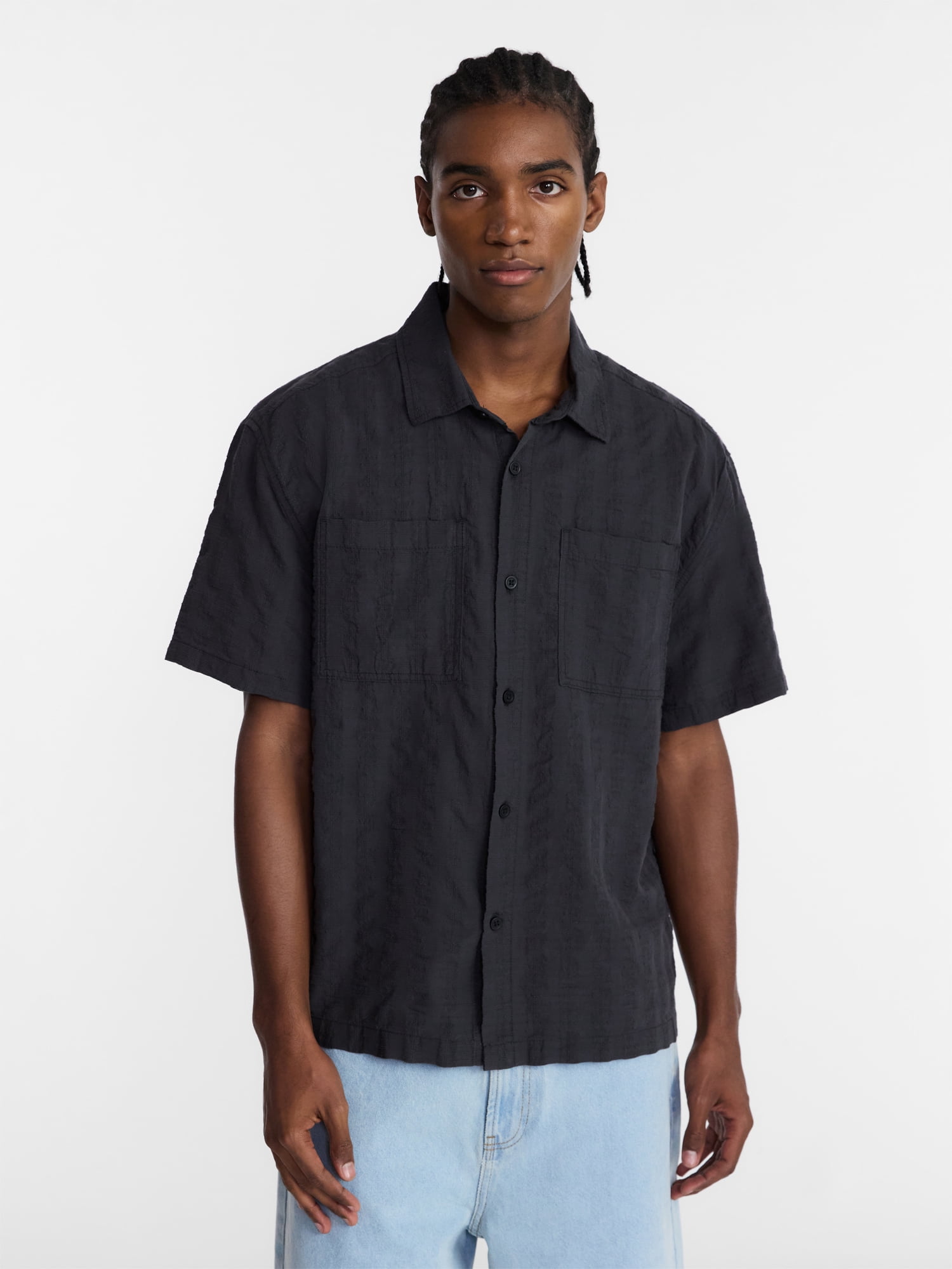 No Boundaries Textured Grid Boxy Fit Resort Shirt, Men's XS-5XL