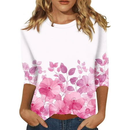 Lace Corset Tops For Women  3/4 Sleeve Shirts Cute Flower Print Graphic Tees Blouses Casual Plus Size Basic Tops Pullover Women 2025 Workout Tank Tops Hot Tops Shirts Tops (L  Pink) ZMTing