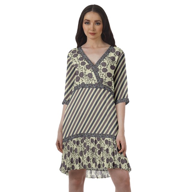 Moomaya Robe en Georgette Imprimée à Manches 3/4, Col en V, Grande Taille, Vêtements pour Femmes