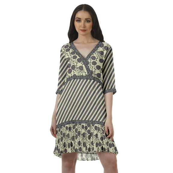 Moomaya Printed 3/4 Sleeve Georgette V-Neck Plus Size Clothing For Women Dress