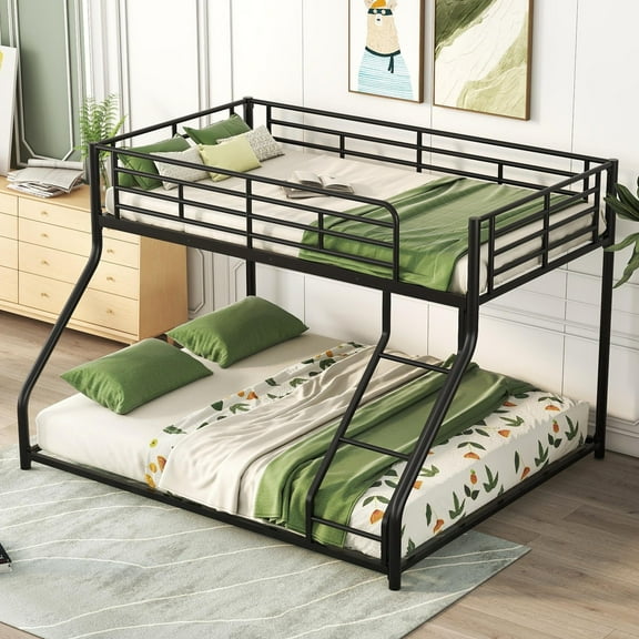 Bellemave Metal Twin XL Over Queen Bunk Bed, Heavy Duty Floor Bunk Bed Frame with Ladder and High Guardrail, Bunk Beds for Teen Adults (Black)