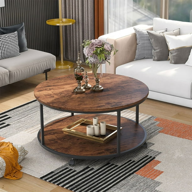 Starixs Trade 2 Layer Round Coffee Table Modern Industrial Style Small Solid Wood Living Room Home Office With Casters Dark Brown Com Coffee Table Solid Wood, Small Coffee Table With Casters