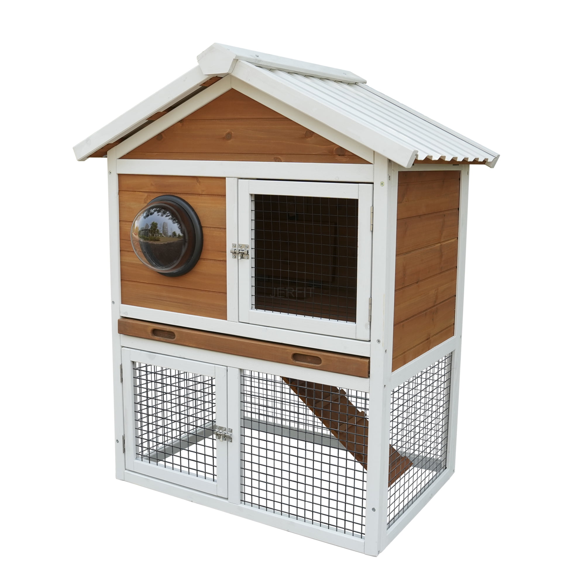 JERFIT Outdoor Rabbit Hutch with Waterproof Roof, 2-Tier Wooden Bunny Cage with Pull-Out Tray & Ramp for Rabbits, Guinea Pigs, Small Animals
