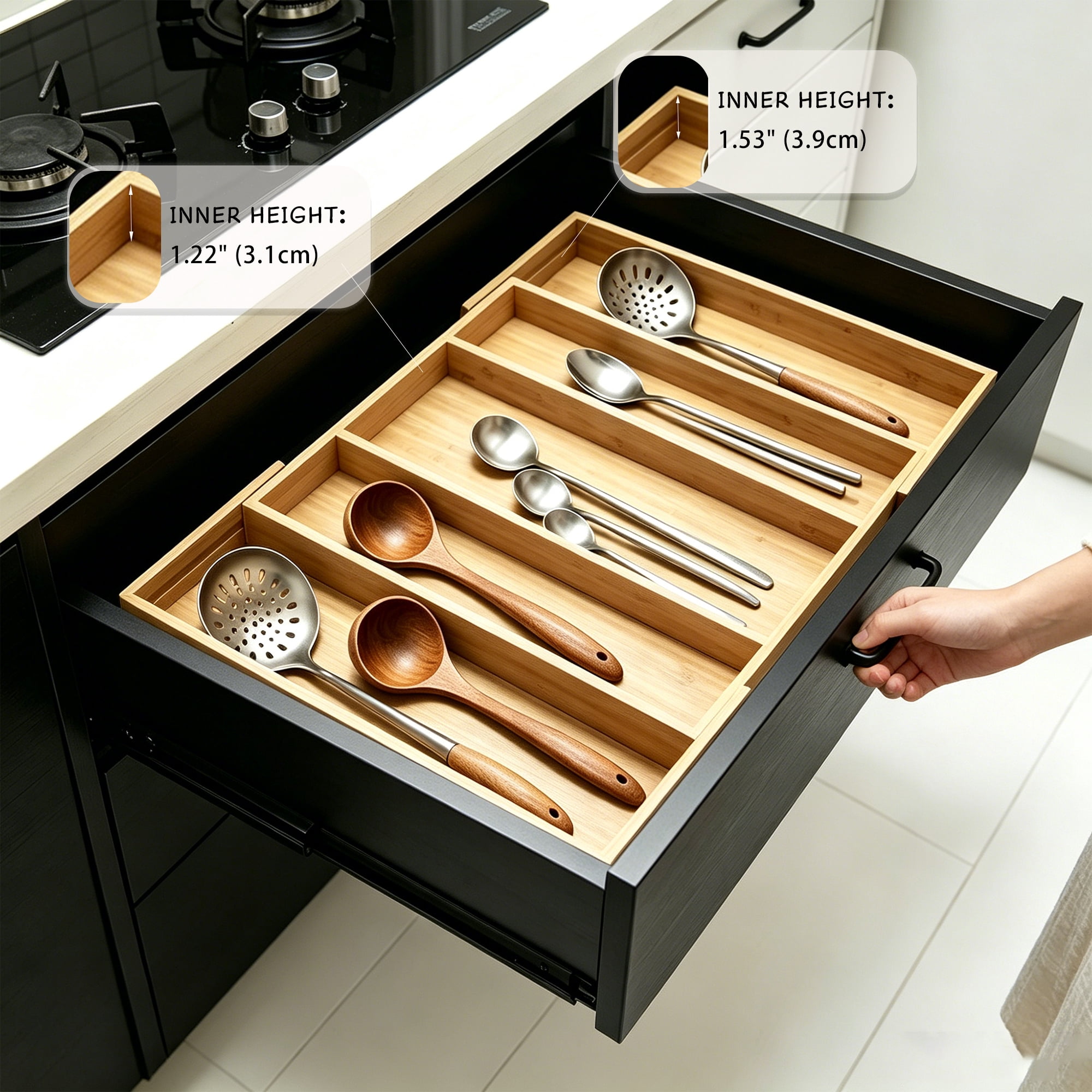 Bamboo Expandable Kitchen Drawer Organizer, Adjustable Utensil Holder and Cutlery Tray Organiser, Drawer Divider for Silverware, Flatware, Knives in Kitchen, Bedroom, Living Room, 5 Slot