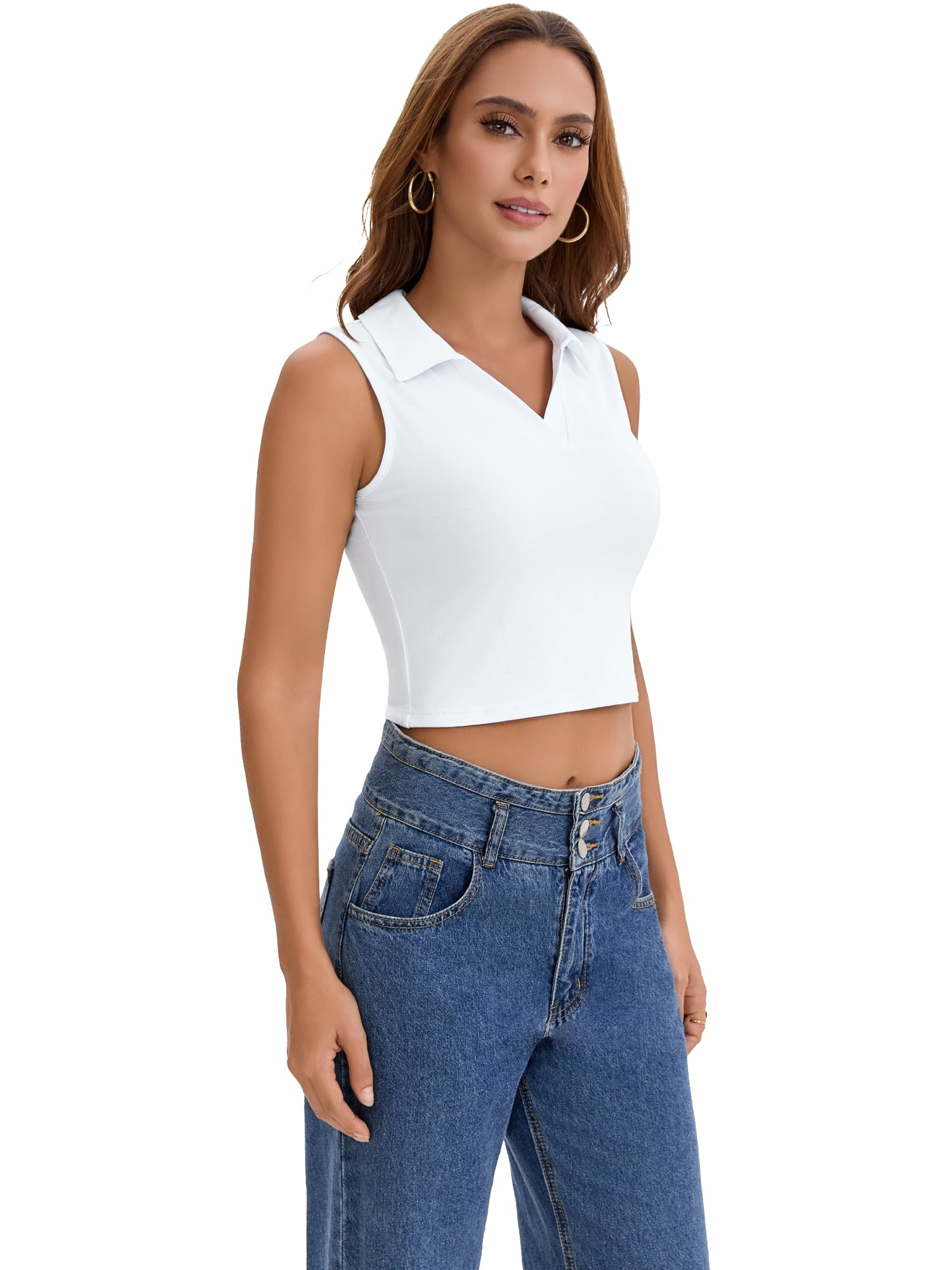 DARING DIVA Women's Cropped Sleeveless Golf Polo Shirt with V Neck and Slim Fit L White