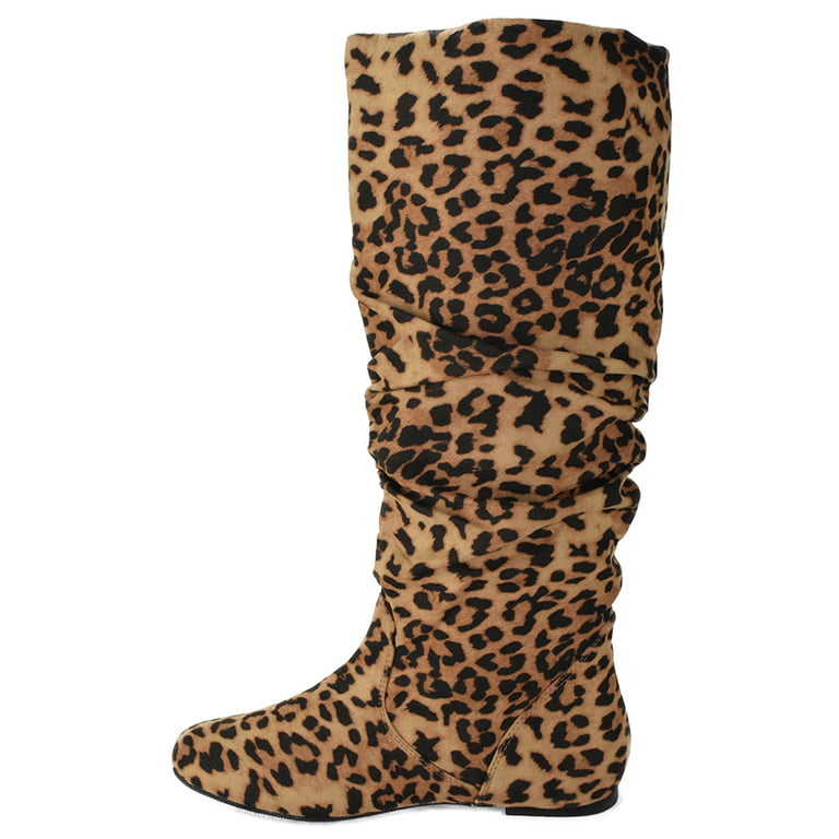 ZULUU cheetah Leopard Print Soda Brand Knee High Women Basic Boots Flat Slouchy Boots Slip Faux 5.5 - Walmart.com