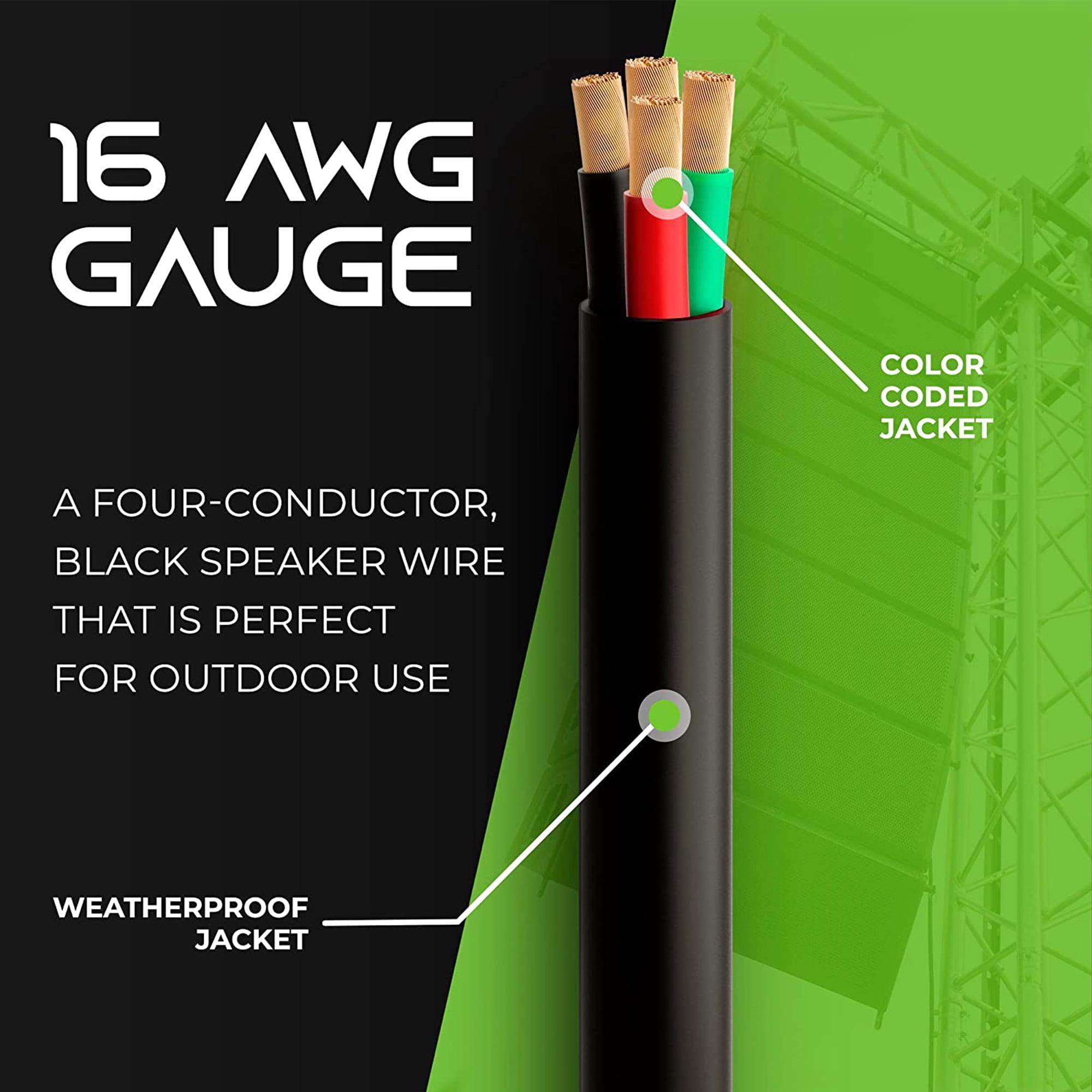 GearIT 16/4 16AWG Outdoor Speaker Cables for Direct Burial OFC Speaker Wire Audio Cable, Black 100-ft