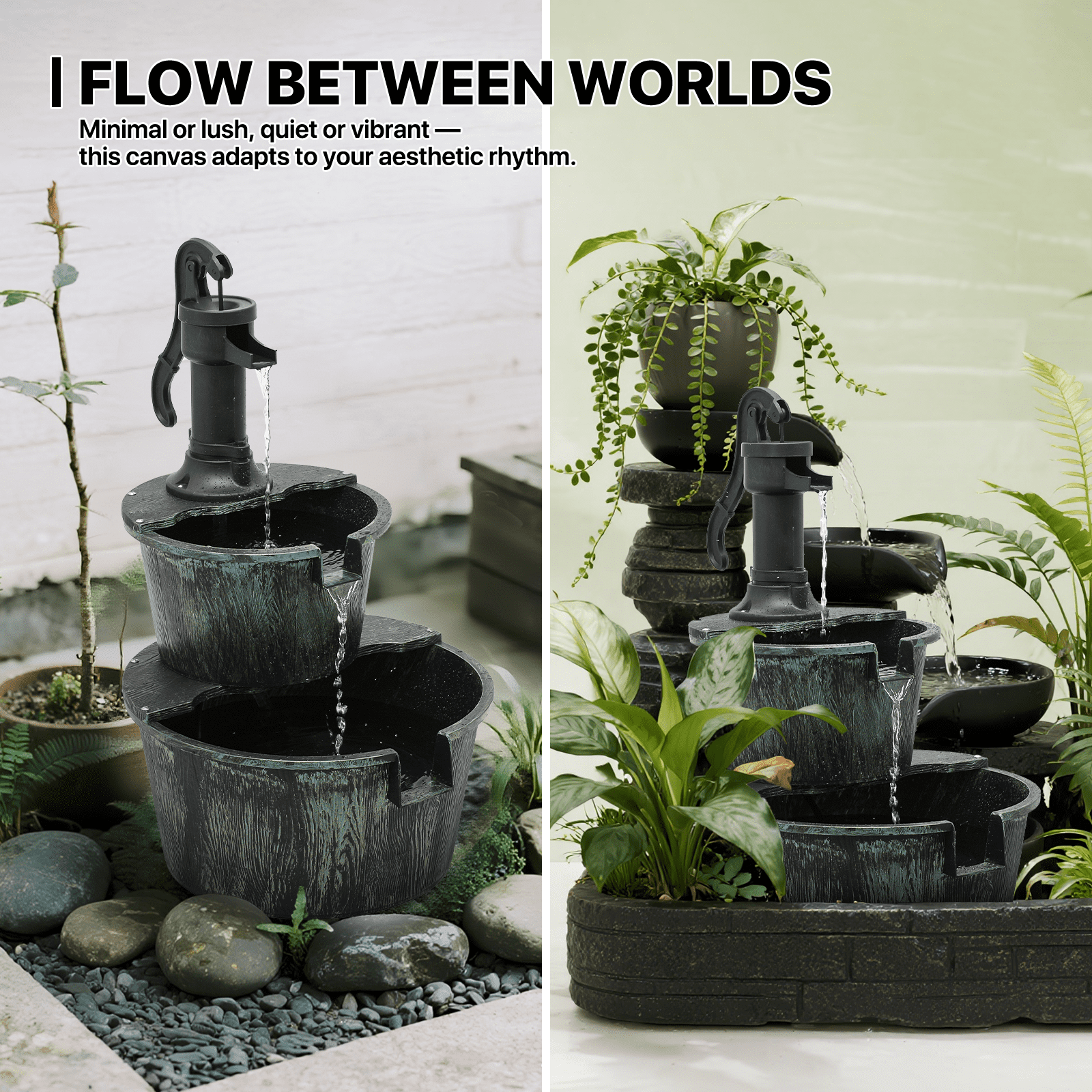 MoNiBloom 2-Tier Barrel and Pump Fountain Outdoor, 27" Tall Cascading Waterfall Fountain with Electric Recirculating Pump for Garden Patio Backyard Decor, Green