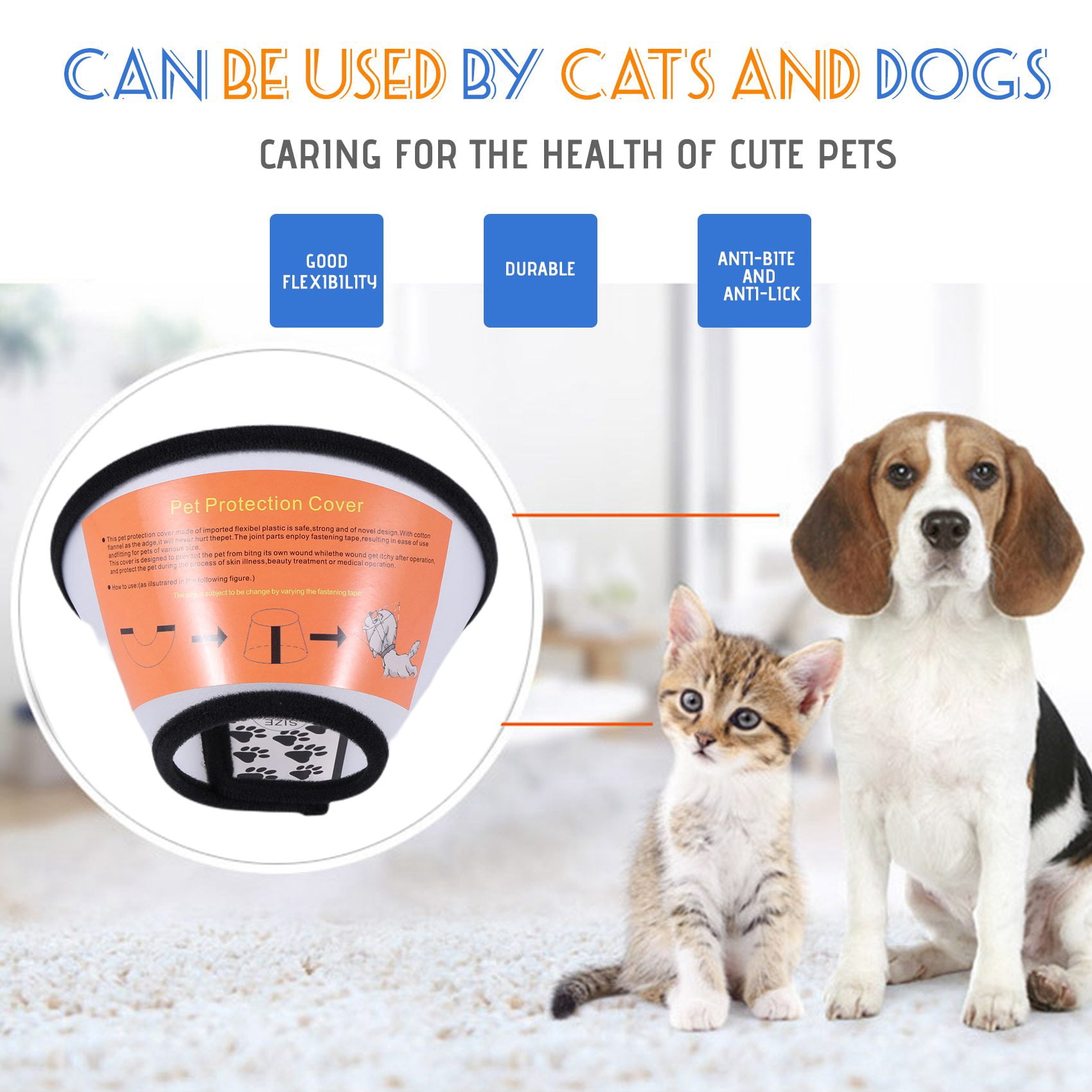 Elizabethan Dog Cat Pet Wound Healing Cone E- Collar White with Black
