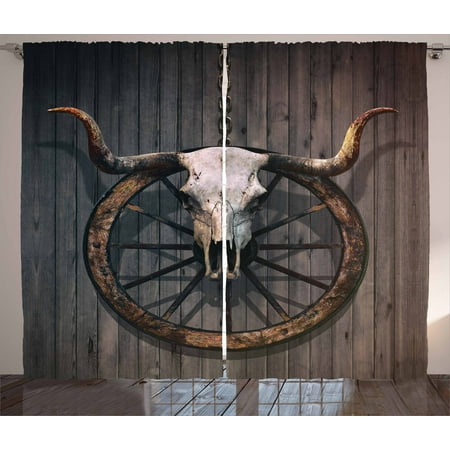 Barn Wood Wagon Wheel Curtains 2 Panels Set Long Horned Bull Skull And Old West Wagon Wheel On Rustic Wall Window Drapes For Living Room Bedroom