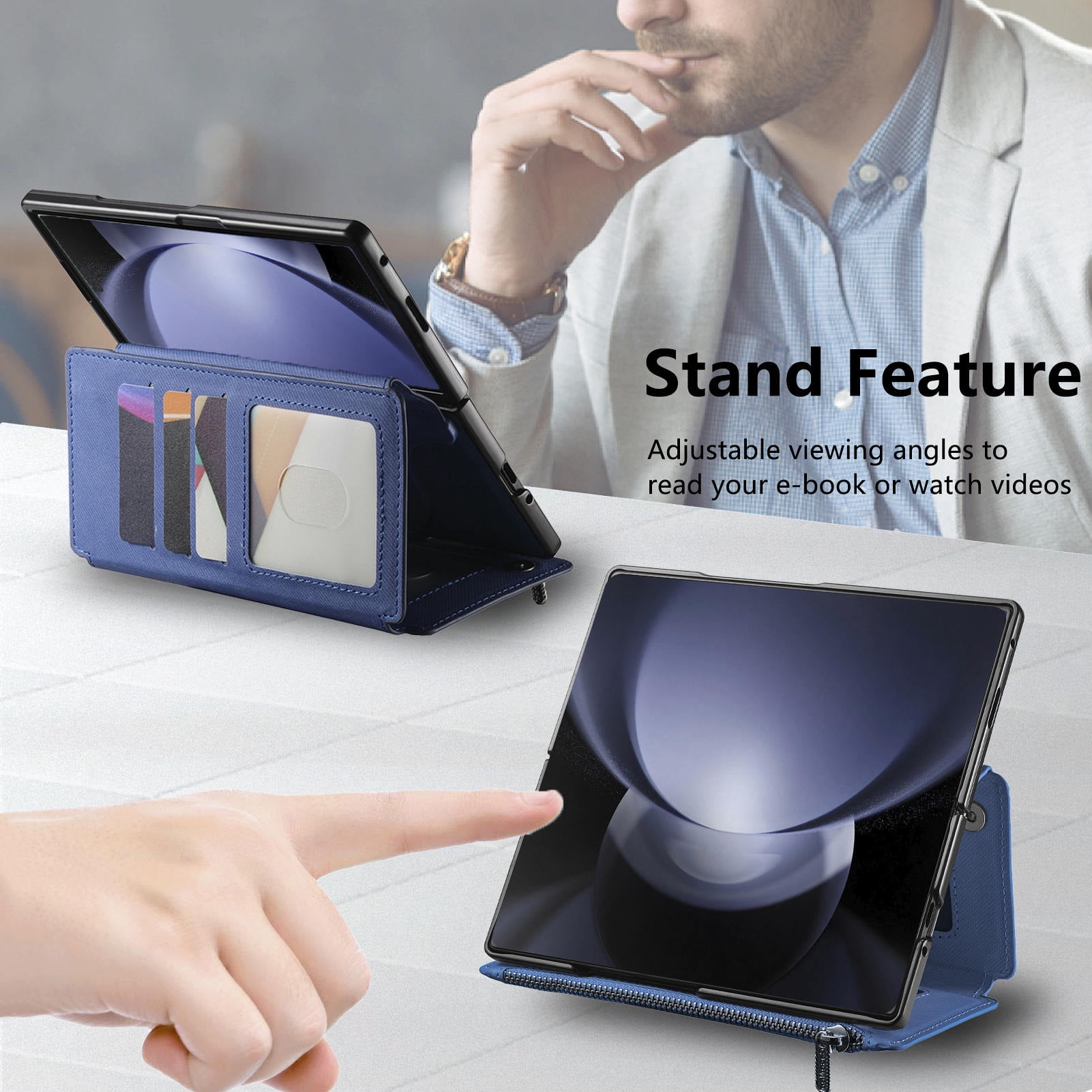 For Samsung Galaxy Z Fold 6 Phone Case,2-in-1 Magnetic Detachable Flip,Flip Folding Kickstand,With Card Slots,Zipper Pocket,Ring Holder,Fit Wireless charging,Shockproof Phone Case,Blue