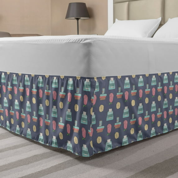 Vintage Bed Skirt, Repeating Sketch Pattern Vintage Office Concept with Tea Cup Typewriter and Roses, Elastic Bedskirt Dust Ruffle Wrap Around for Bedding Decor, 4 Sizes, Multicolor, by Ambesonne