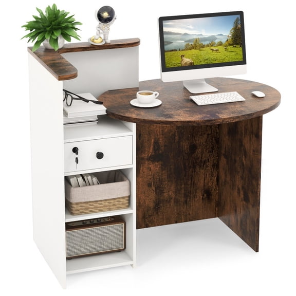 Furnibear Reception Office Desk Front Counter Workstation with Open Shelf Lockable Drawer and Oval Tabletop for Retail Store and Home Office, Brown and White