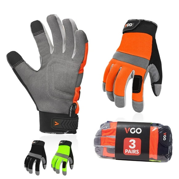 Vgo 3 Paires de Gants de Sécurité, Gants de Constructeur, Gants de Jardin, Gants de Mécanicien Légers (L, Noir+vert Fluorescent+orange,SL7584)