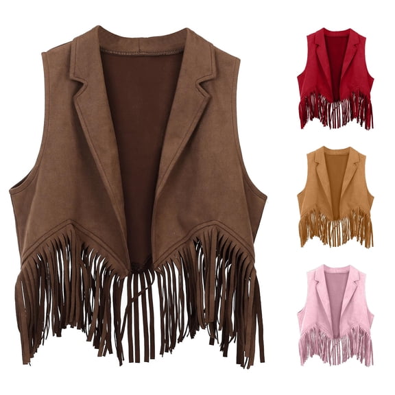 Kids Western Cowboy Fringe Vest - Open Front Tassel Waistcoat for Boys Girls Party Dress Up Stage Performance