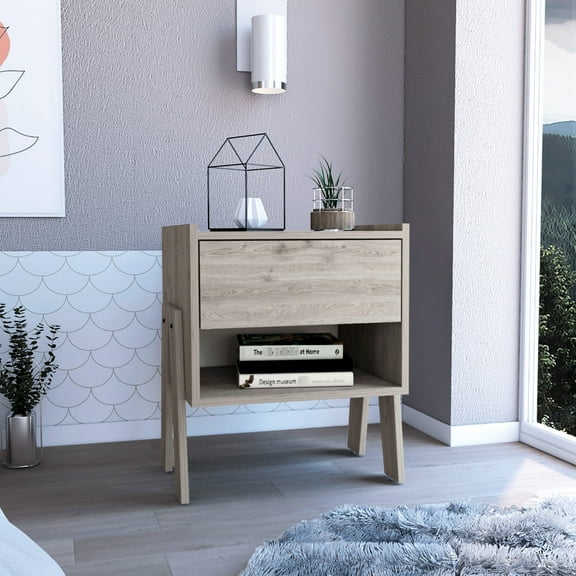 Gray 22"h Nightstand, Constituted By One Drawer And Open Shelf With Metal Rails, Particle Board Nightstand In Style, Embracing Made From