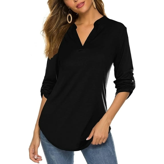 Haute Edition Women's Pattern and Solid 3/4 Roll Tab Sleeve Tunic Blouse Top