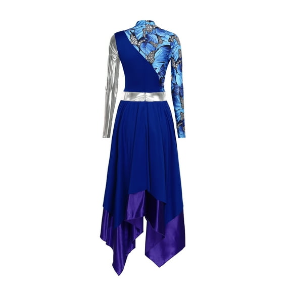 Kaerm Womens Print Worship Lyrical Dance Dress Metallic Color Block Praise Liturgical Dancewear Blue L