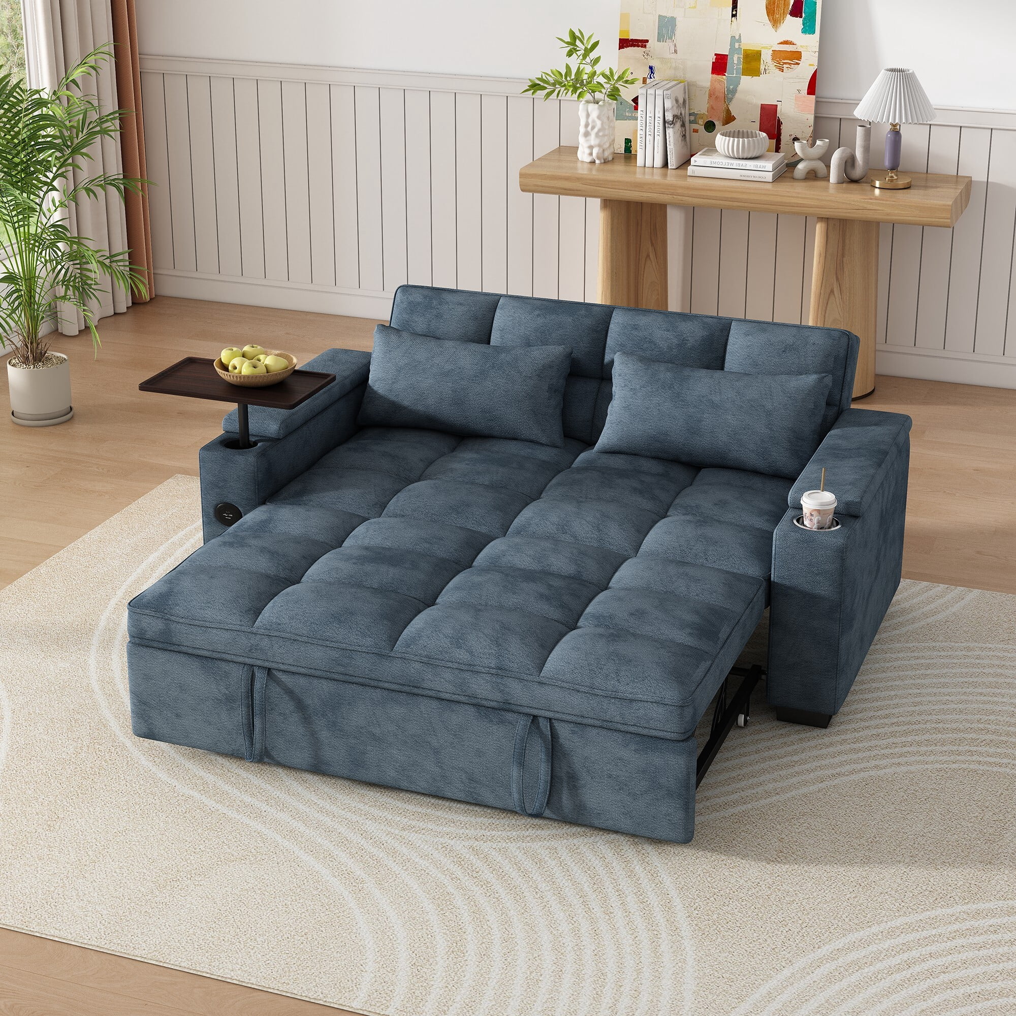 DEALTOPS 65" 3-in-1 Sleeper Sofa Bed, 3-Position Pull Out Couch with 90° Swivel Table, USB & Storage, Chenille, Blue