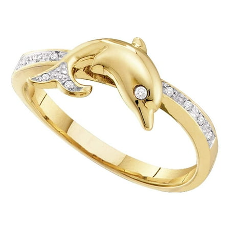 Animal White Gold Ring - Size 7 - 10k Yellow Gold Round Diamond Slender Dolphin Animal Fish Ring 1/20 Cttw