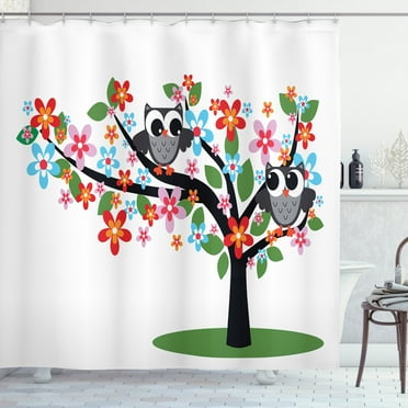 Ambesonne Cartoon Shower Curtain, 2 Flirty Owls on Tree, 69"Wx70"L, Multicolor