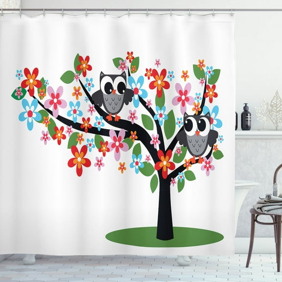 Ambesonne Cartoon Shower Curtain, 2 Flirty Owls on Tree, 69"Wx75"L, Multicolor