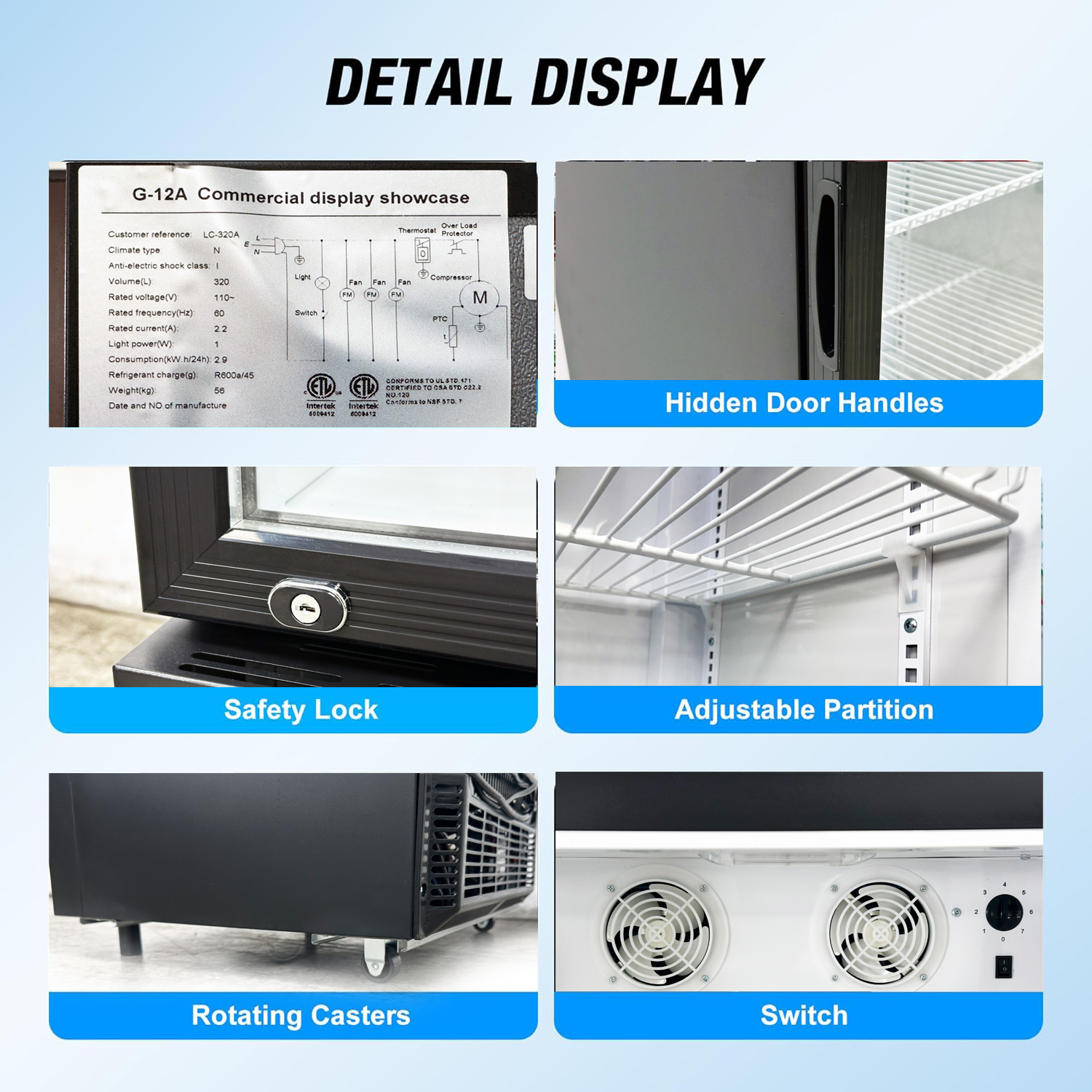 Commercial Beverage Refrigerator, Glass door 23 1/2" x 22" x 64 1/2", 8.5 cu ft display Fridge, NSF Certified.