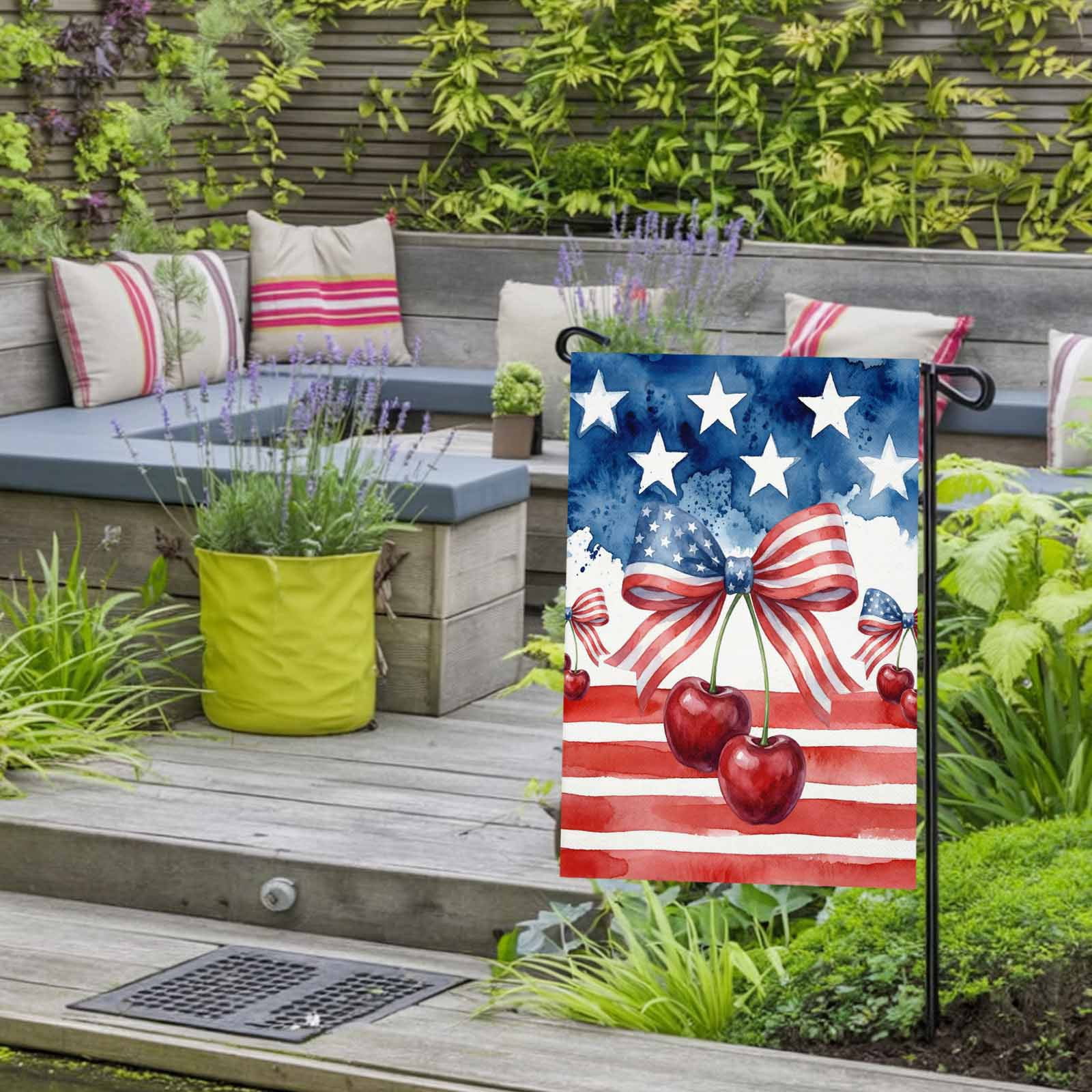 4th of July Garden Flags Patriotic Star Stripes Garden Flag Double Sided Welcome Flag Bow Tie Cherry Independence Day Yard Flags for Outdoor Lawn Porch Memorial Day Seasonal Holiday Decor 28x40 Inch